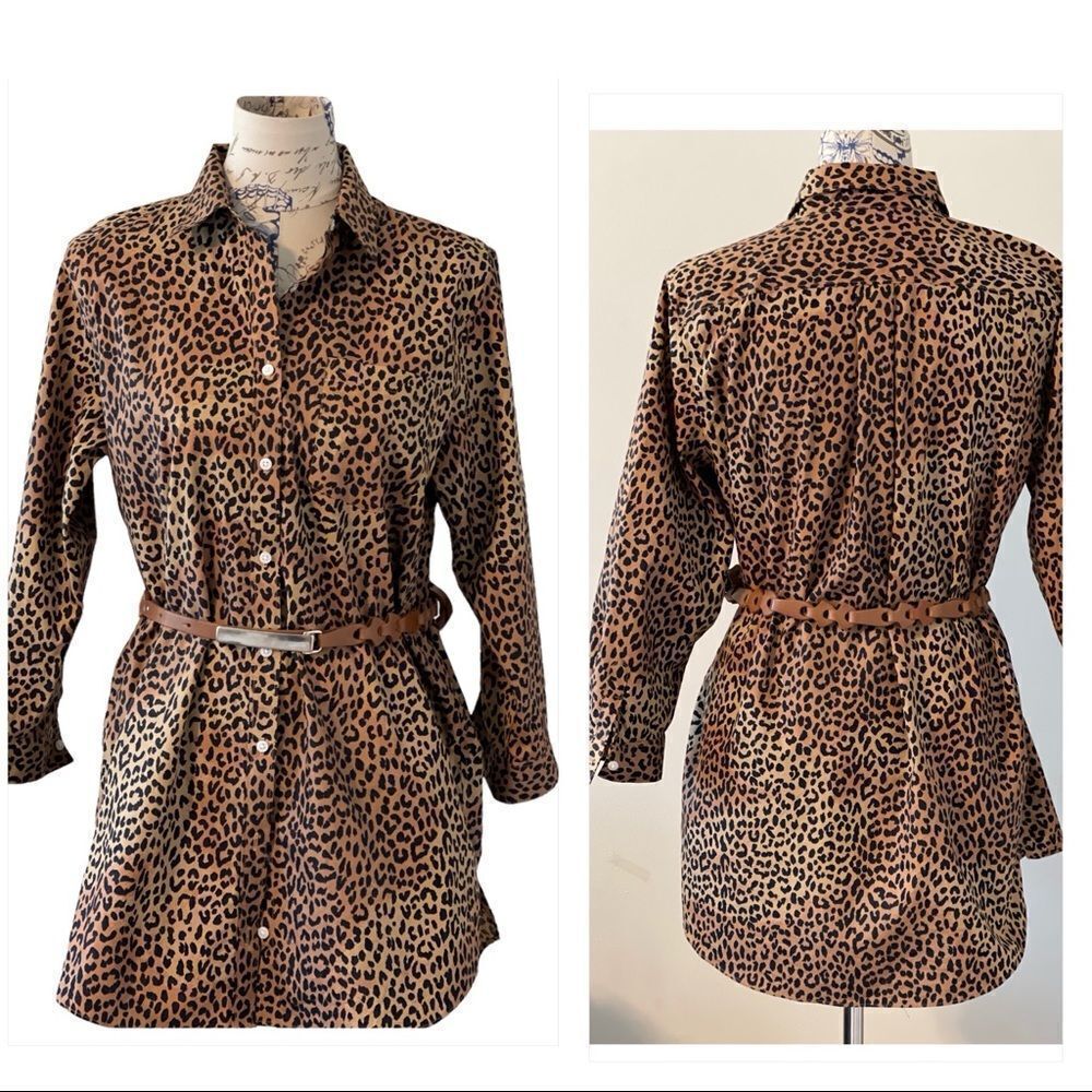 𝅺lands End Leopard Print Non Iron Supima Button Down Shirt - Picture 2 of 11